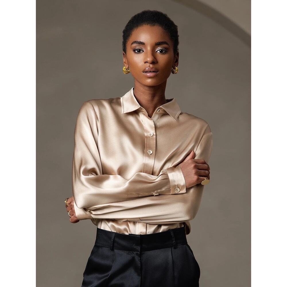 SilkSilky NWT 19Momme Silk Long Sleeve Lapel Collar Women's Shirt Sz M Champagne